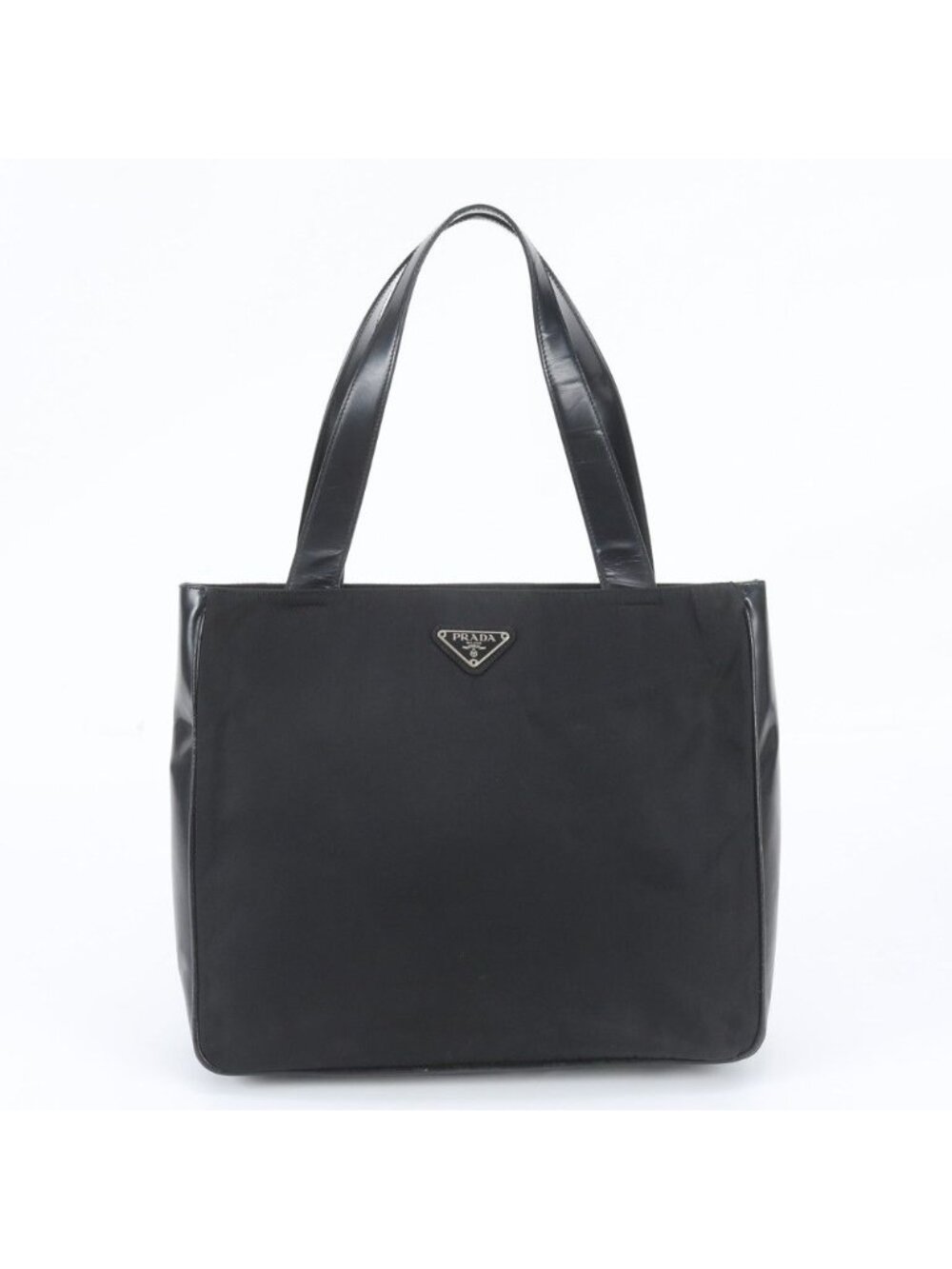 Prada Triangle Logo Leather Nylon Tote Bag Shoulder Business Black